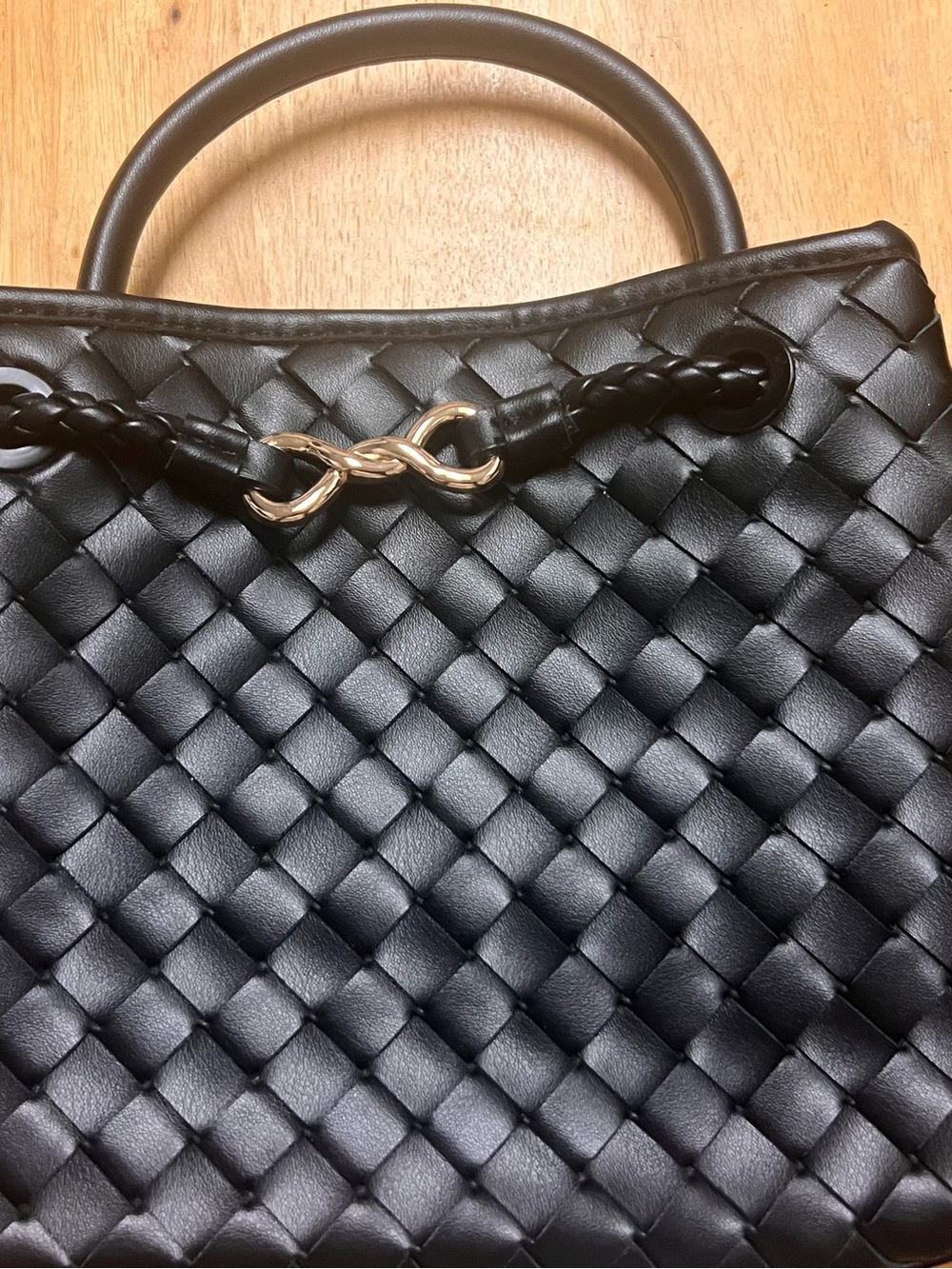 Woven Leather Top-Handle Tote in Black with Gold Accent